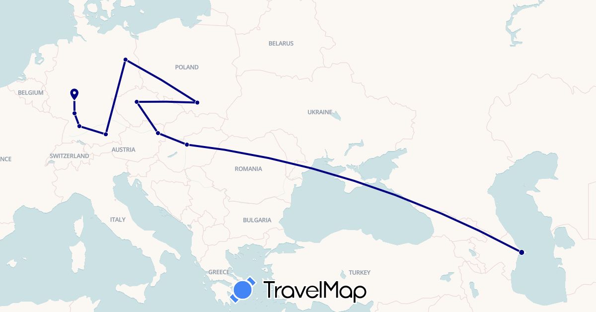 TravelMap itinerary: driving in Austria, Azerbaijan, Czech Republic, Germany, Hungary, Poland (Asia, Europe)